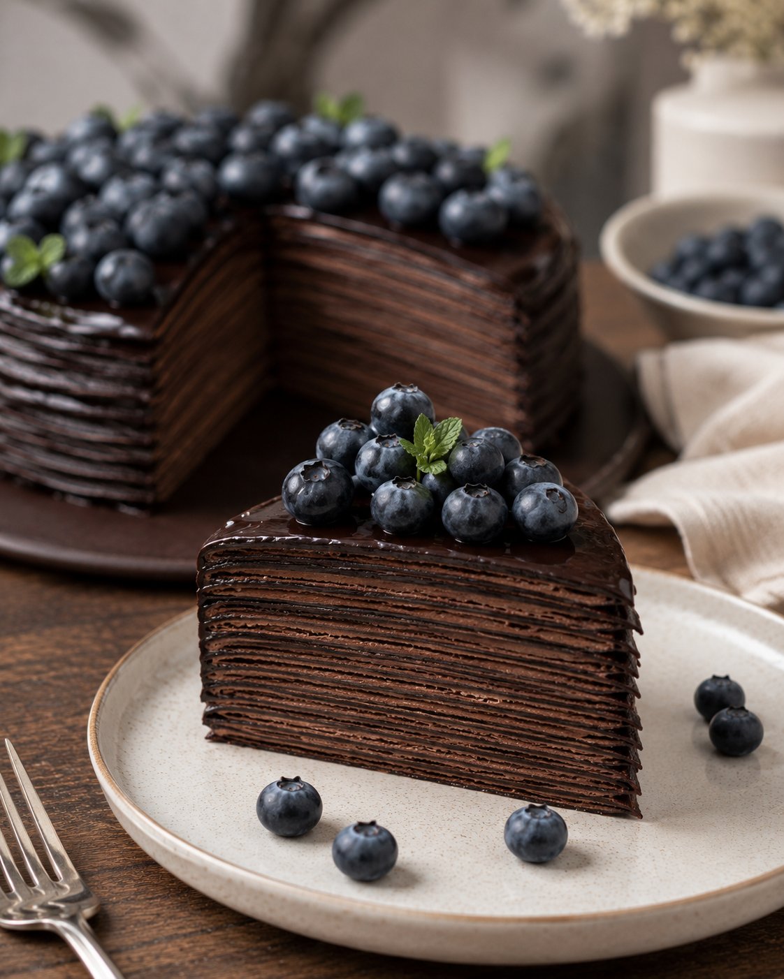 Dark Chocolate & Blueberry Protein Crepe Cake