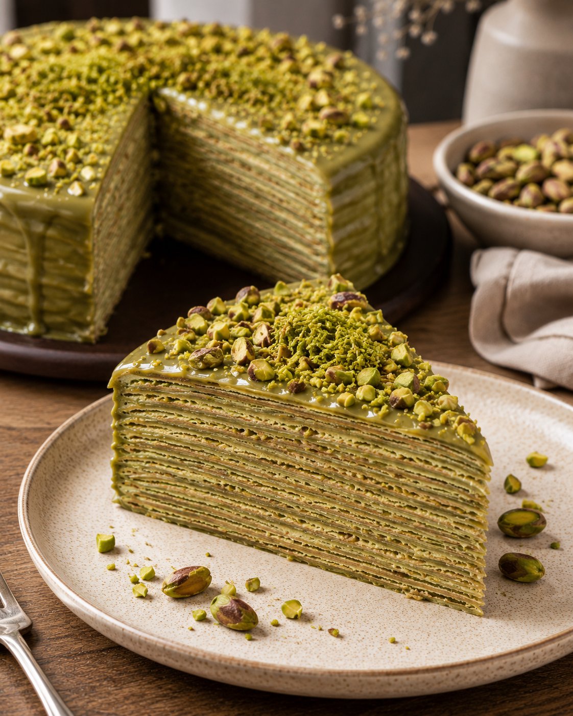 Pistachio Cream Protein Crepe Cake